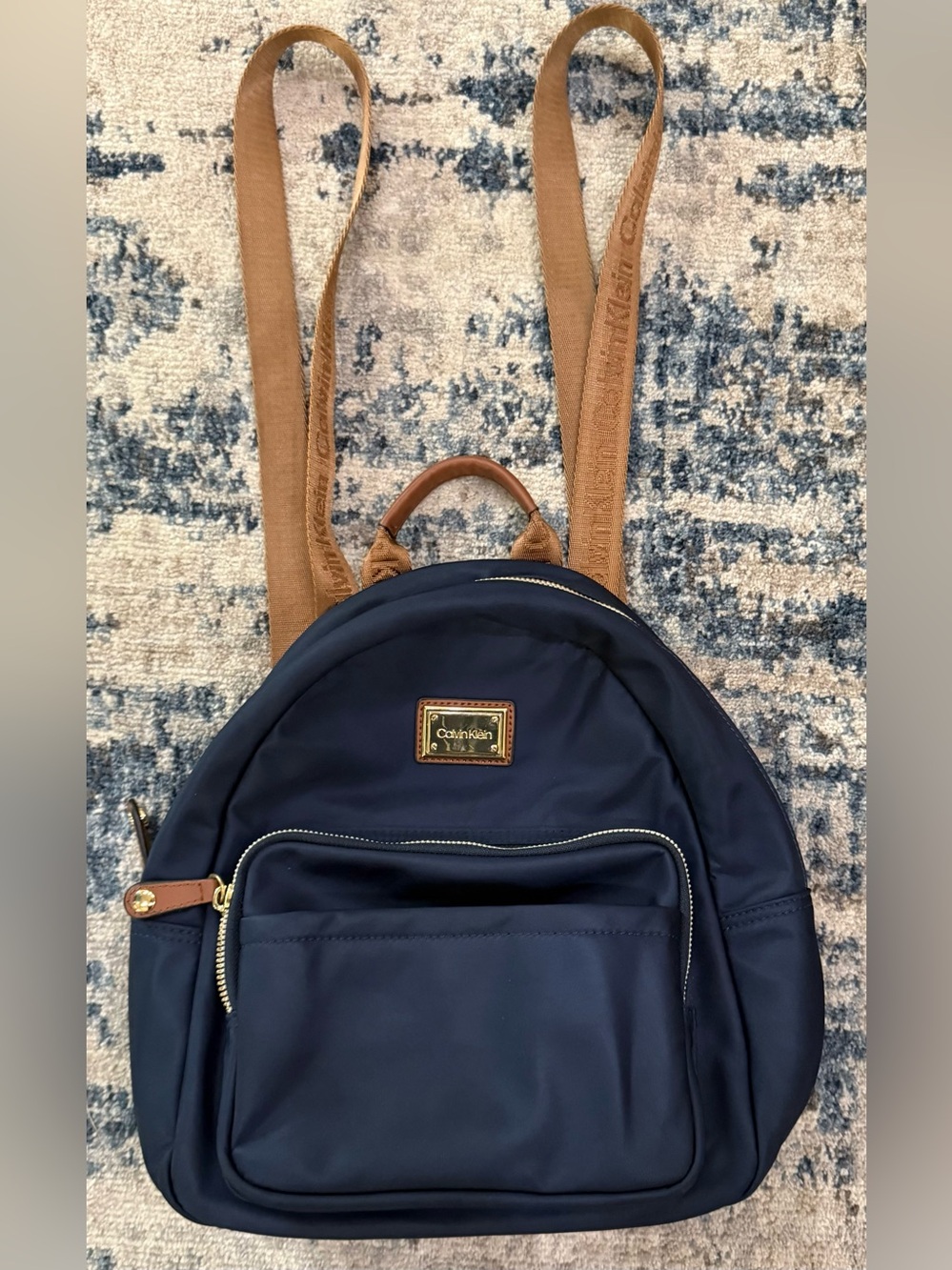 Title: Calvin Klein Navy Nylon Mini Backpack with Tan Accents